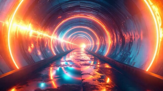 Glowing tunnel with bright orange and teal colors, reflected path to the light