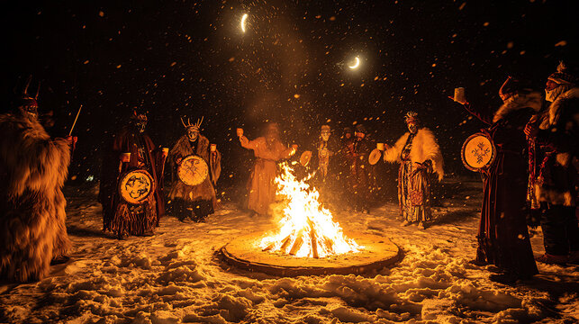 People gathered around a bonfire at night, dancing and playing drums in a ritual ceremony under the stars