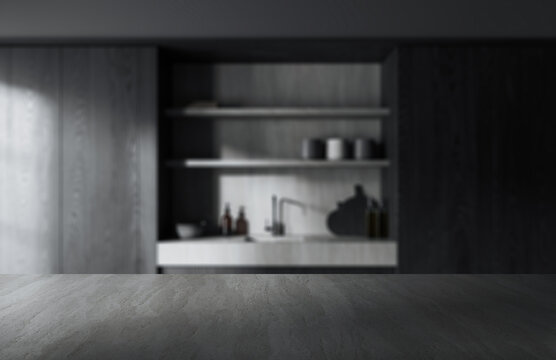 Stone countertop surface mockup in modern kitchen interior with dark wooden elements and blurred background, ideal for product display concept. 3D Rendering