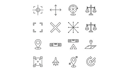 Fototapeta premium Icons of Precision: a collection of symbolic icons, precision instruments and directional tools designed with clean lines and a modern aesthetic, each representing a specific function and purpose.