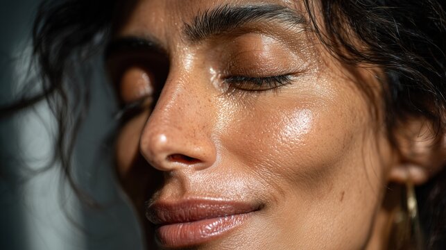 Portrait de profil d'une femme aux yeux ferm&eacute;s avec peau brillante