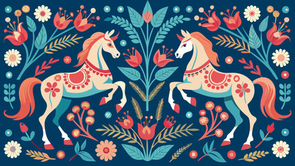 Obraz premium Decorative repeating pattern of horses and blossoms, clean vector style, festive palette