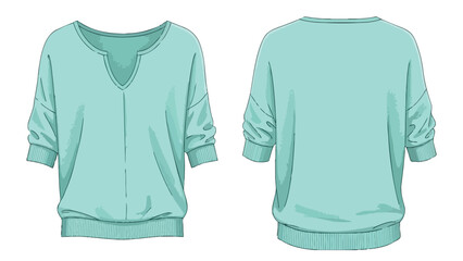 Technical fashion flat sketch showcasing a relaxed-fit women's pullover top with a stylish notched V-neckline and comfortable dolman sleeves for