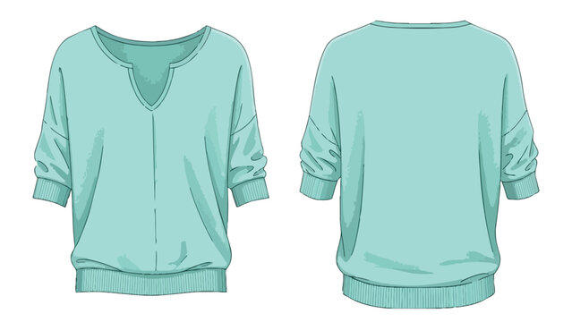Technical fashion flat sketch showcasing a relaxed-fit women's pullover top with a stylish notched V-neckline and comfortable dolman sleeves for