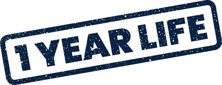 Grungy rectangle rubber stamp icon showing the words 1 YEAR LIFE representing a personal journey milestone or period