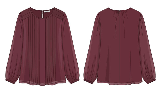 Detailed technical illustration of a sophisticated burgundy long-sleeved blouse, featuring intricate front pintucks and soft gathered cuffs,