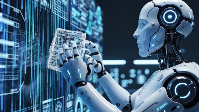 A futuristic 3d rendered humanoid robot analyzes a complex glowing blue holographic wireframe data cube in a dark digital interface environment.