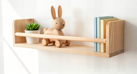 Happy easter sunday decoration ideas with bunny and books on wooden shelf
