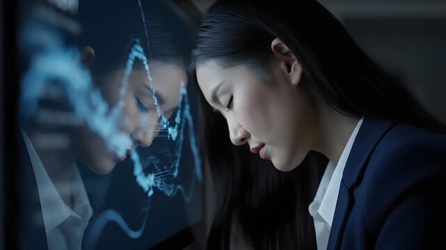 A focused Asian businesswoman in a dark blue suit explores the deep web on a futuristic screen with glowing blue lines in a dimly lit room.