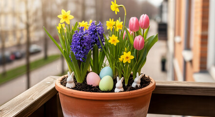 Happy easter sunday decoration with colorful flowers and eggs in pot