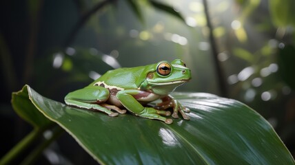 Close-up of a small bright green tree frog with brown eyes and white belly resting on a large dark green leaf in a lush jungle environment