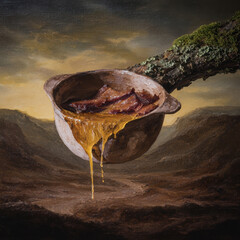 Obraz premium Surreal painting of rusty bowl hanging mossy tree branch with melted honey dripping over desolate landscape, mysterious atmosphere evokes sense of decay and forgotten time wild nature outdoors