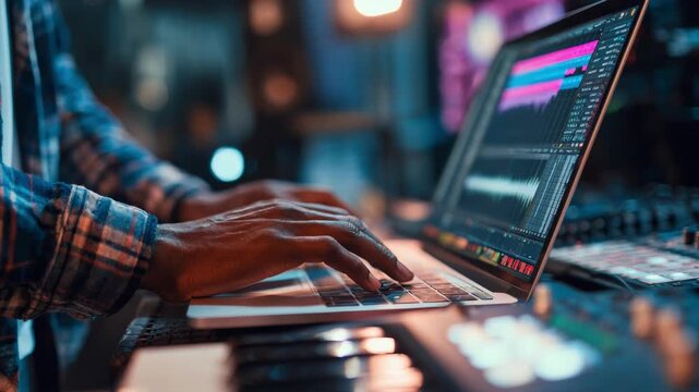 Musician using a laptop to create smart contracts for music licensing emphasizing automated royalty distribution and fair use.