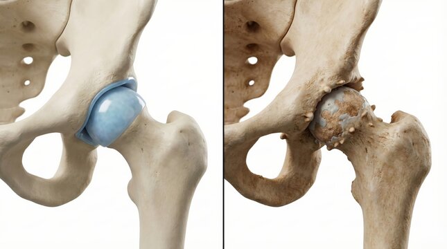 Comparison of a healthy human hip joint with an arthritic or diseased hip joint showing cartilage degeneration.