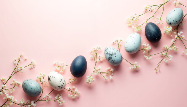 Ostereier in Pastell mit Schleierkraut auf rosa Hintergrund, Fr&uuml;hlingsdeko als Flatlay mit Kopierfl&auml;che