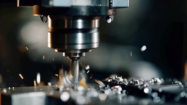 A macro close up of a precision drilling operation on a steel component in a machining workshop showcasing intr