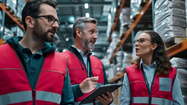 A manager in uniform engages with a medium sized logistics team in a warehouse office discussing supply chain d