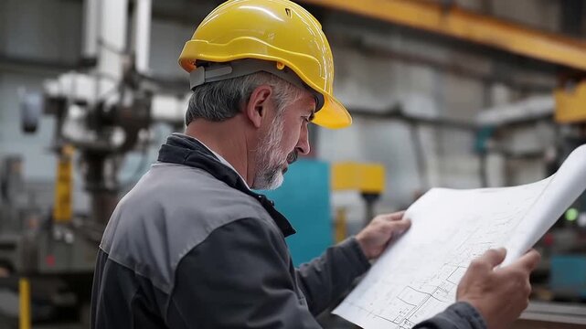 A middle aged engineer in a hard hat intently studies a detailed blueprint while standing next to a milling mac