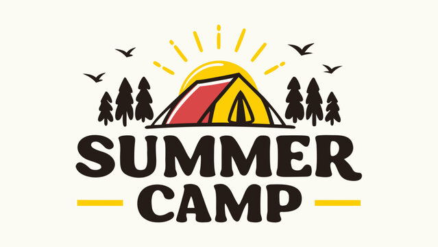 Summer camp logo with tent sun trees and birds outdoor adventure symbol