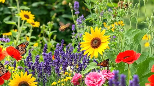 Butterflies Flitting Around Vibrant Garden Flowers.
