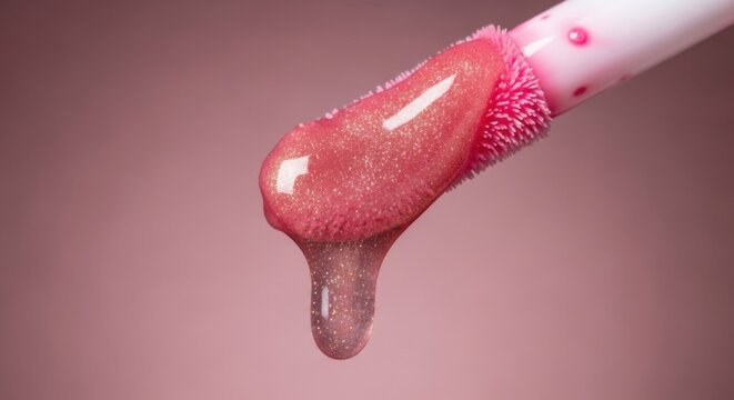Glittery pink lip gloss applicator dripping with sparkly liquid