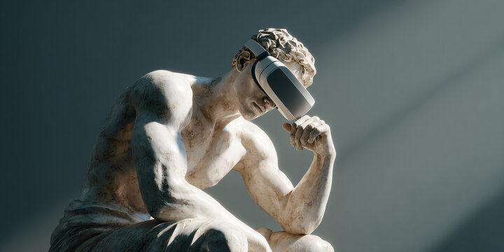 A statue of a thinking man wearing a virtual reality headset