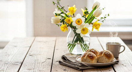 Happy easter sunday morning with fresh flowers and delicious breakfast