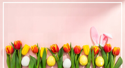 Happy easter sunday greeting with colorful tulips and easter eggs on pastel background