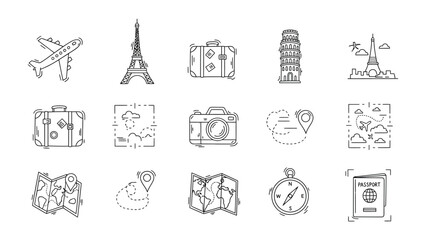 Fototapeta premium Travel Icon Collection: A meticulously crafted assortment of travel icons, perfect for illustrating the essence of journey, exploration, and adventure. Representing key elements of travel.