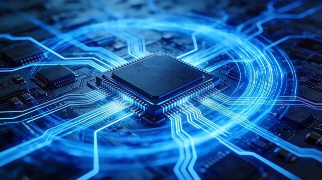 Square microchip on circuit board with blue glowing lines