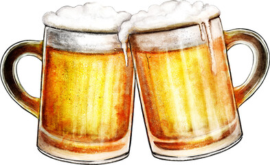 mugs of beer watercolor illastration isolated on white background