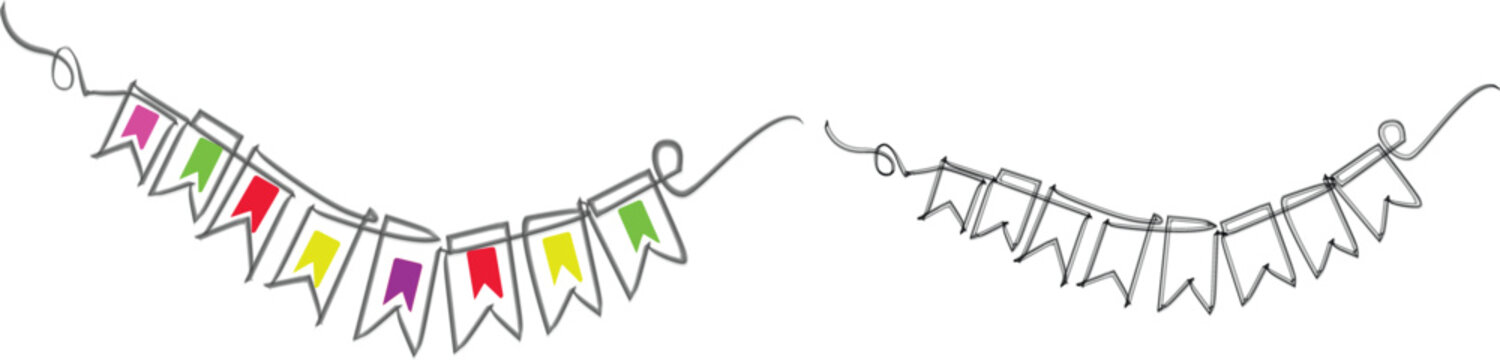 Hand drawn bunting banner set with colorful party flags, festive decorative garland illustration isolated on white background.