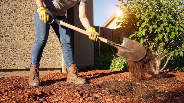 Woman gardening with shovel in yard with mulch and plants