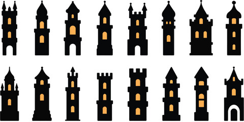 Castle Tower Silhouette Vector Illustration, detailed medieval architecture artwork showing fantasy fortresses, historic royal castles, ancient kingdom structures, fairytale inspired buildings © WelcomeJune