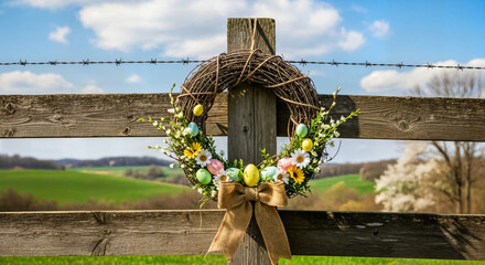 Happy easter sunday wreath on rustic fence with pastel flowers and eggs