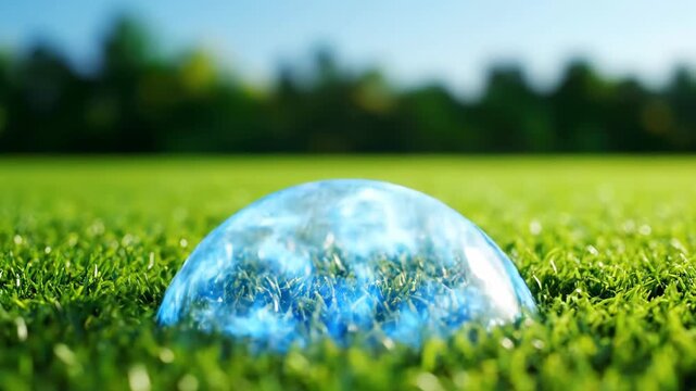 A glowing blue energy sphere rests on lush green grass. The sphere dissolves into the environment, leaving behind a pristine field.