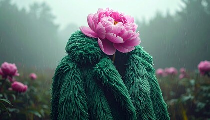 giant pink peony flower head wearing green furry coat in rainy garden