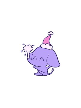 rise and float animation of cute hand drawn line drawing of a elephant spouting water wearing santa hat