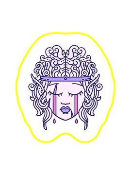 radioactive glowing animation of Retro Tattoo Style crying elf barbarian character face