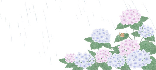 Watercolor light purple hydrangea footer border with rain drops and a snail for rainy season design.-300dpi- © URU