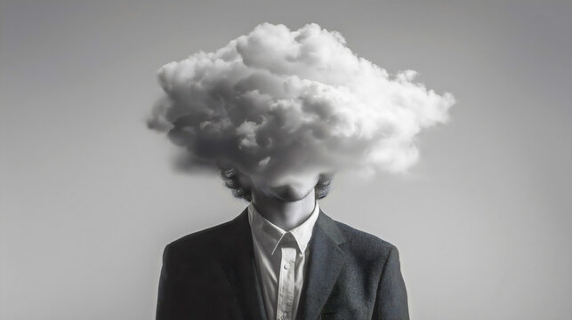 Surreal man with cloud head isolated, person with head in the clouds, daydreaming concept, brain fog, mental confusion, abstract psychology portrait.