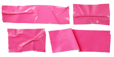 Set of pink wrinkled torn adhesive tape, isolated on white background, on transparent background, crumpled texture element for design	

