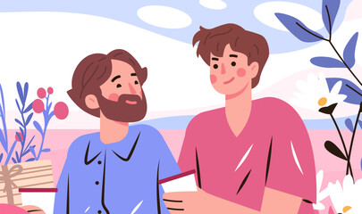 Male couple Valentines Day gay LGBTQ romance exchanging love note and gift in pastel garden with flowers leaves clouds books relationship concept