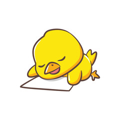 Creative Yellow Chick Character Lying Down and Drawing on White Paper