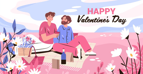 Male couple Valentines Day picnic gay LGBTQ romance in pink meadow with wine basket flowers hearts pastel sky floral frame vertical card template