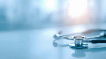 Stethoscope on blue medical table with blurred background