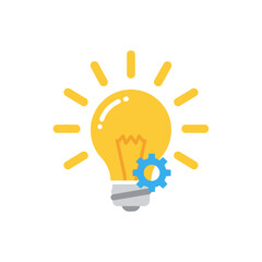 A glowing yellow light bulb with a blue gear icon, symbolizing innovation and problem-solving.