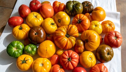 A vibrant assortment of ripe heirloom tomatoes in diverse colors and shapes, arranged on a white surface bathed in sunlight