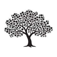 Obraz premium Black tree silhouette with leaves, vector icon for logo or symbol, isolated on transparent background,
