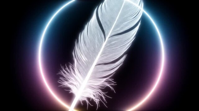 Abstract feather inside neon ring on dark background creative visual